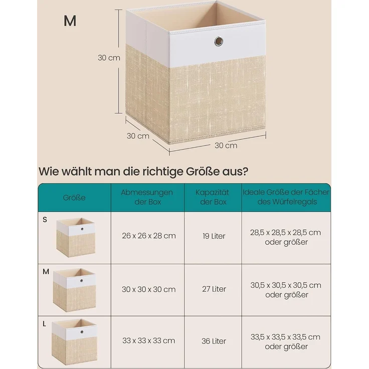 SONGMICS Aufbewahrungskörbe, 6er Set, faltbare Stoffboxen mit PP-Platten, für Regal, 30 x 30 x 30 cm, weiß-beige – Bild 4