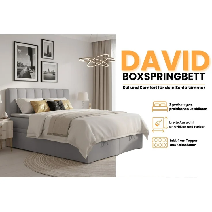 Deine Möbel 24 Boxspringbett DAVID Boxbett Polsterbett Komplettbett Bett mit einer Matratze H4 (Taschenfederkernmatratzen 7 Zonen H4 Creme Grau Hellgrau Schwarz Anthrazit Beige Samt Velour, 3-St, Taschen-federkernmatratze 7 Zonen H4 PREMIUM Bett), 120x... – Bild 3