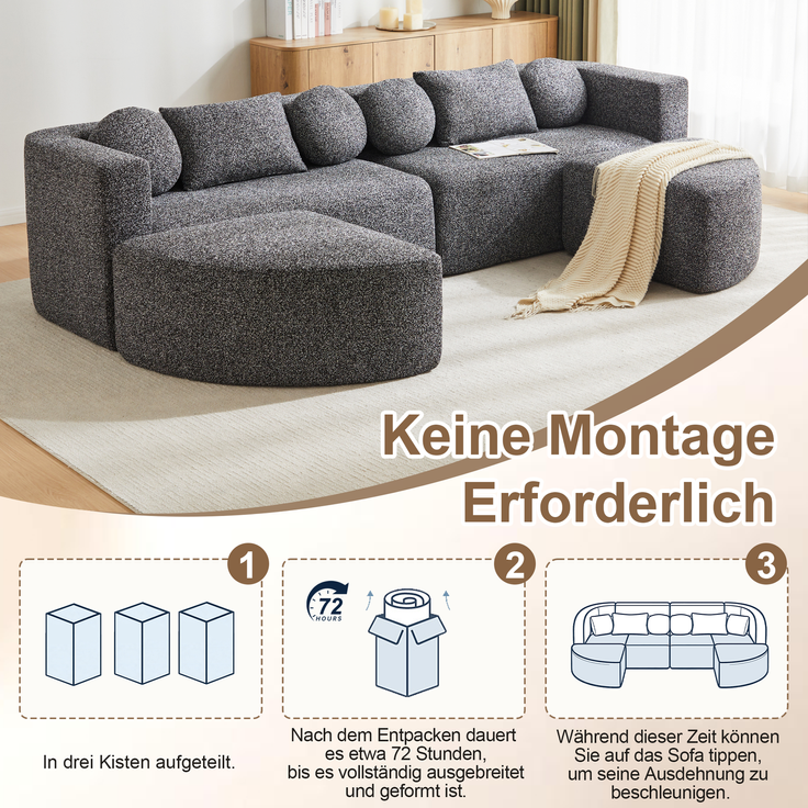 Merax 4-Sitzer Sofas, 292cm Modulare Sofa, Modulare Schlafcouch mit Schlaffunktion, Vollkomprimierte Cloud Couch, Chenille, Ohne Montage, Schwarz – Bild 9