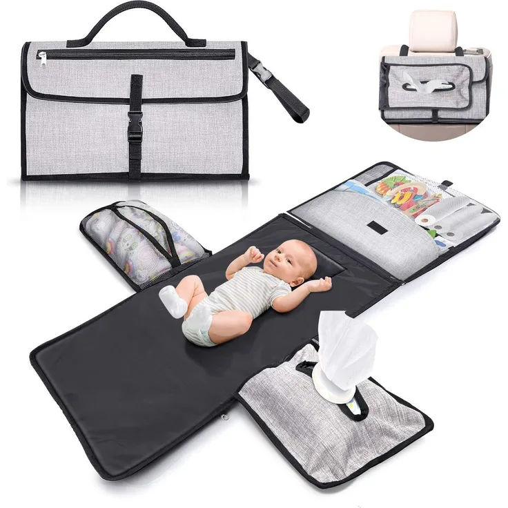 Wickelunterlage für unterwegs kompakte Wickelauflage XL - Kombinierbare abnehmbare Wickeltasche mit 6 Fächern, Tuchspender und bequemes Kissen für den Kopf Ihres Babys.
