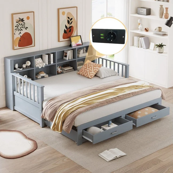 Odikalo Ausziehbett Schlafsofa Daybett Stauschrank USB 2 Schubladen 90/180x190cm Weiß/Grau – Bild 2