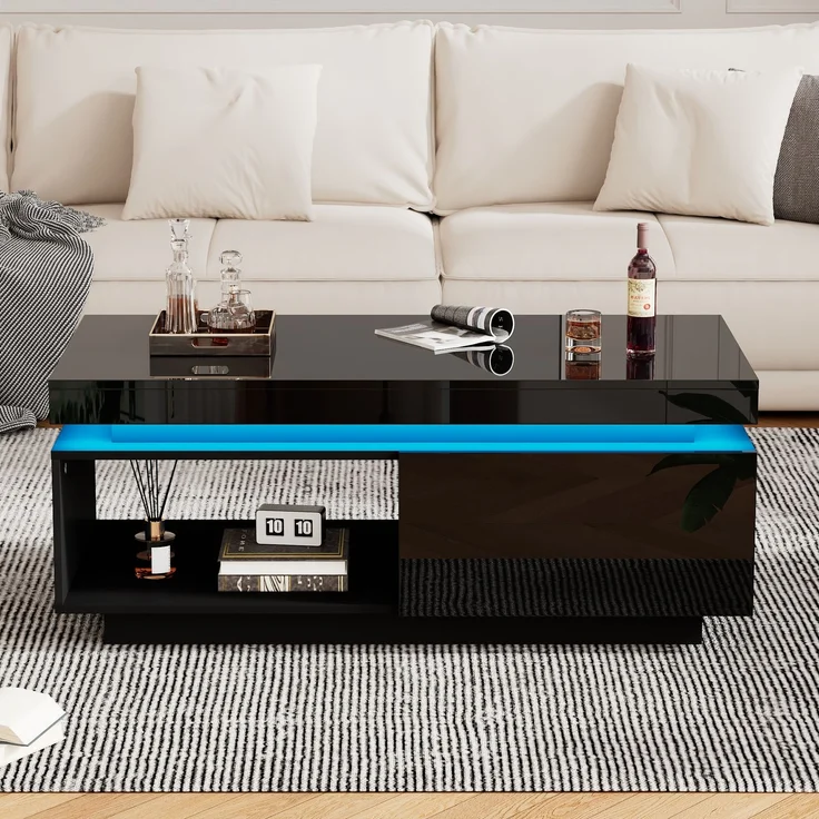 Hochglanz Couchtisch schwarz mit LED, Schublade, moderner Wohnzimmertisch, Design Beistelltisch 100×50×40 cm – Bild 4