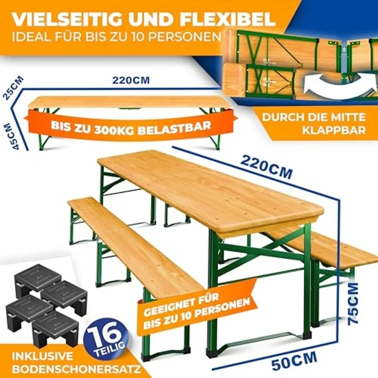 KESSER® Bierzeltgarnitur, 3-teilig, klappbar, Holz / Stahl grün, Hellbraun, 220 x 50 x 77 cm – Bild 2