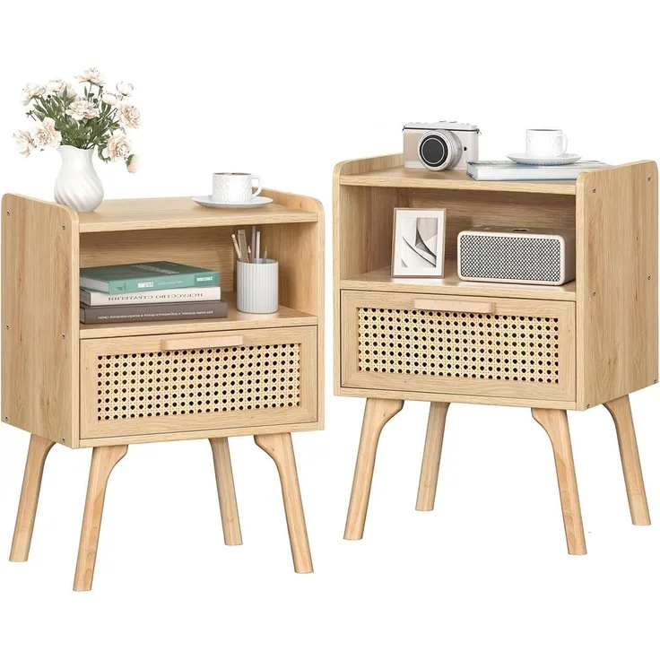 Nachttisch Set Rattan Boho Holz Schublade Regal Massivholz Sofa Beistelltisch