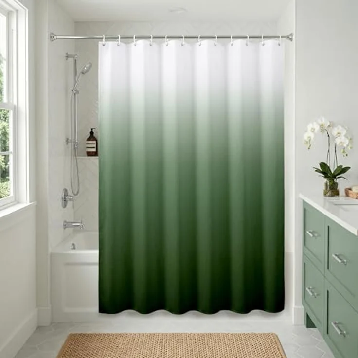 Americanflat Duschvorhang, 100% Polyester, wasserabweisend, mit Metallösen und 12 Duschvorhangringen, Farbverlauf, 180 x 180 cm, Grün – Bild 2
