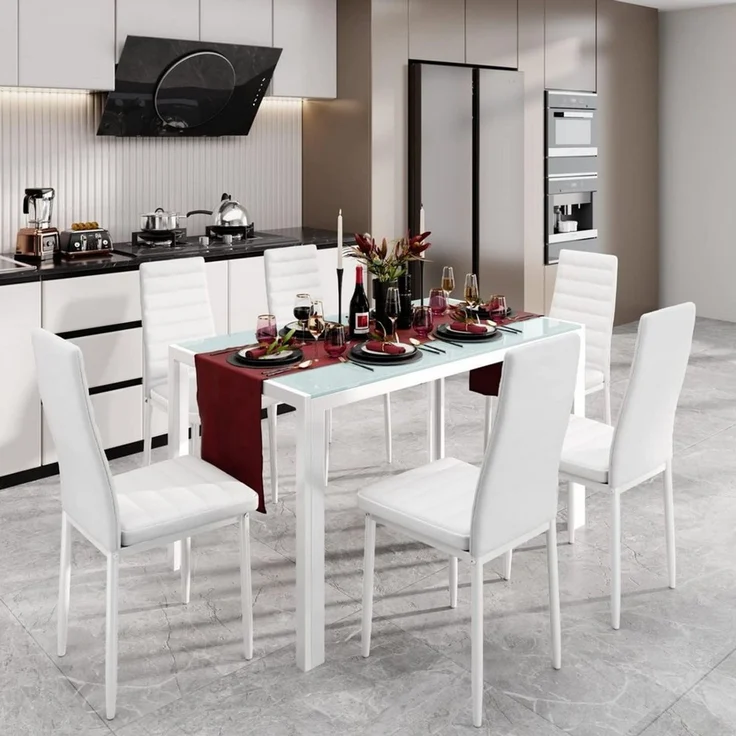 Blishom Essgruppe 7-tlg. Essgruppe aus Glas-Esstisch und 6 Kunstleder-Esszimmerstühle, Esszimmer Set 7-tlg. Glas Tisch 130 cm, Leicht zu reinigen – Bild 3