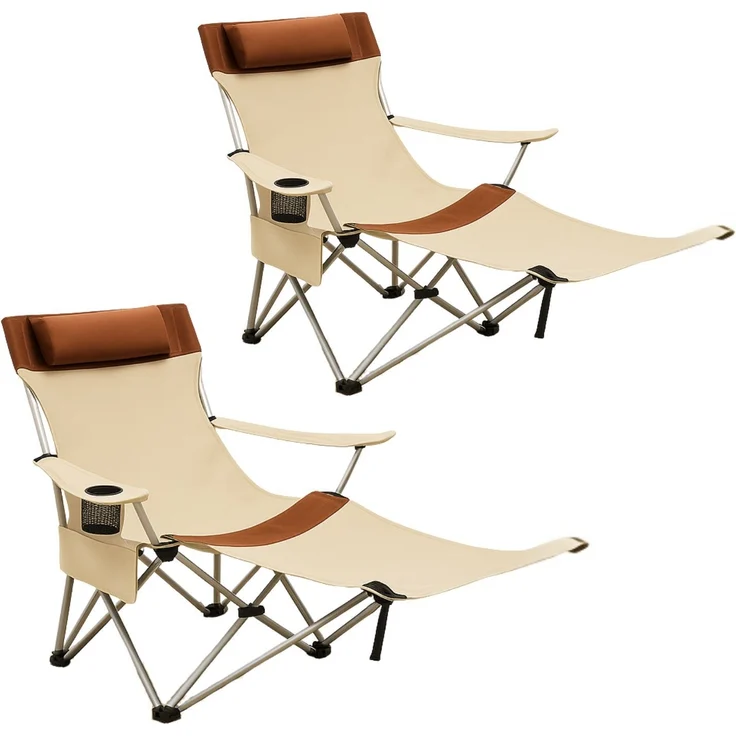 Coemo 2er Set Tragbarer Liegestuhl, Campingliege mit Getränkehalter Beige – Bild 1