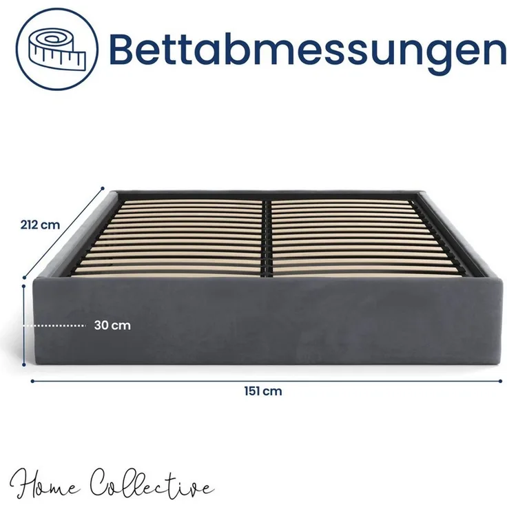 Home Collective Polsterbett Bett Doppelbett Bettgestell mit Lattenrost & Stauraum, platzsparend ohne Kopfteil, weiche Samtpolsterung, 140x200 cm graphit