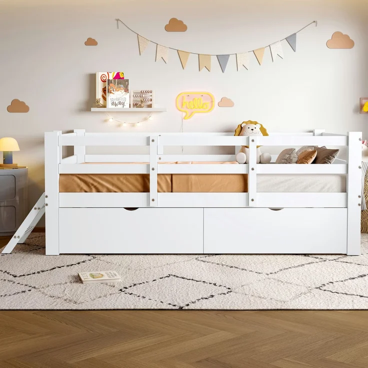 Kinderbett mit Trittleiter und 2 Schubladen, 90x200 cm, Rausfallschutz, Stauraum, Kiefer – Bild 2