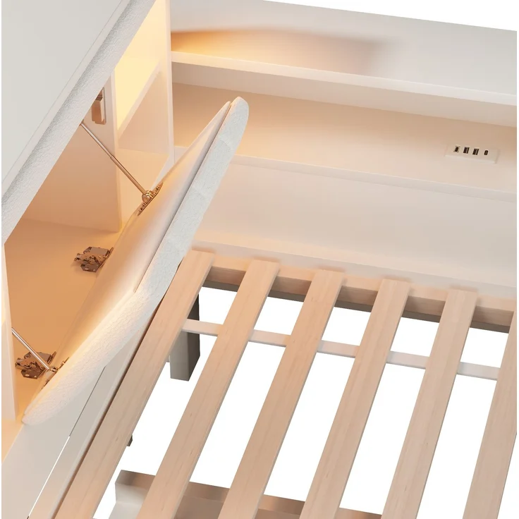 Tagesbett 140x190 cm mit Ausziehbett, Stauraum, Leseleuchten und USB-Anschlüssen – Weiß (ohne Matratze) – Bild 10
