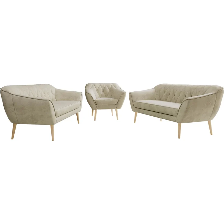 Wohnzimmerset, Möbelset PIRS 3-3-1, Armlehnen, Wellenfederung, Buche Füße, Dreisitzer Sofas mit Sessel, Polstermöbel Set - Beige Velvet – Bild 6