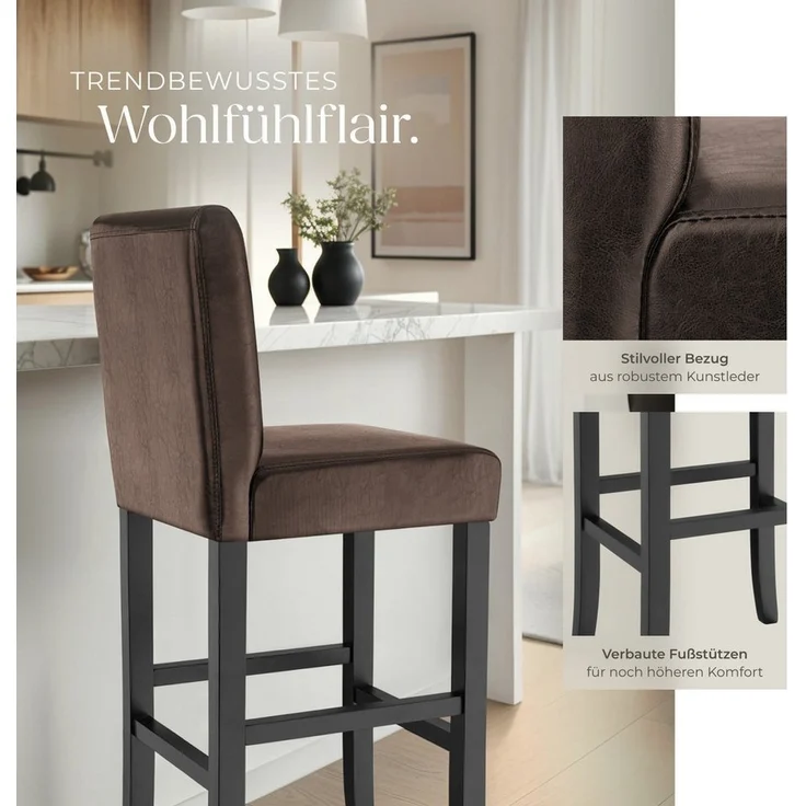 tectake Barhocker Barstuhl aus Kunstleder, gepolstert mit Rückenlehne, gepolstert mit Rückenlehne – Bild 3