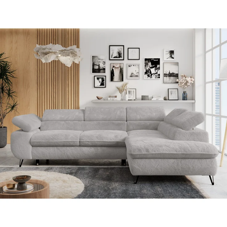 Ecksofa mit Bettfunktion, Modern Sofa, L-form, Einstellbare Kopfstützen, Bettkasten - PETER - Hellgrau Plüsch - Topper T25 - rechts – Bild 1