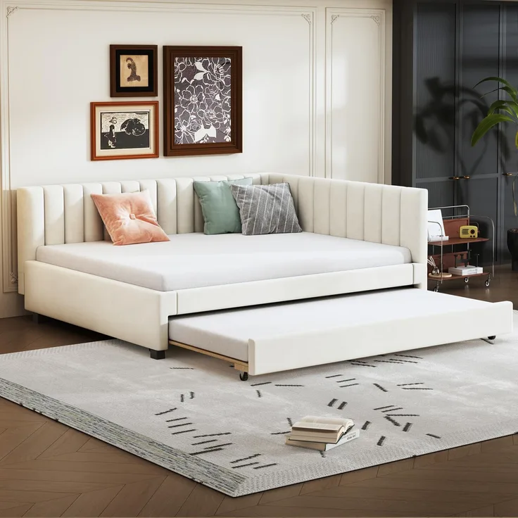 Ball & Cast Polsterbett 140 * 200, Ausziehbares Schlafsofa, Multifunktionsbett mit Lattenrost, Jugendbetten Kinderbetten Gästebetten, Samtstoff Beige