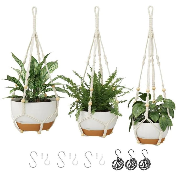 Blumenampeln Makramee 3er Set Selbstbewässerung Weiß