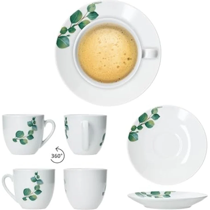 MamboCat Tasse 6er Set Eukalyptus Kaffeetassen mit Untertassen 6 Personen Porzellan, Porzellan – Bild 4
