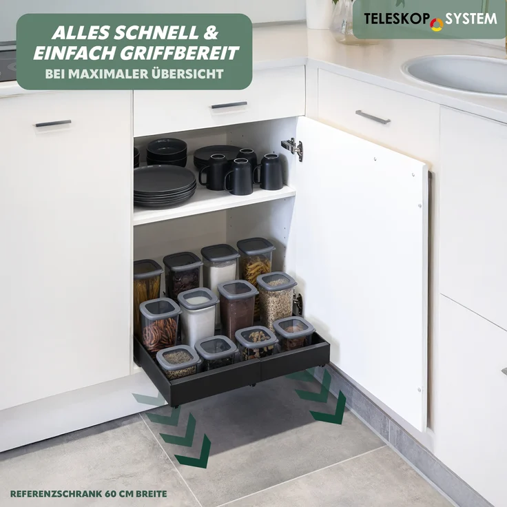 Teleskopschublade mit Einlegeboden, ausziehbar, Breite von 43-67 cm, zum Kleben oder Bohren, aus schwarzem Metall – Bild 2