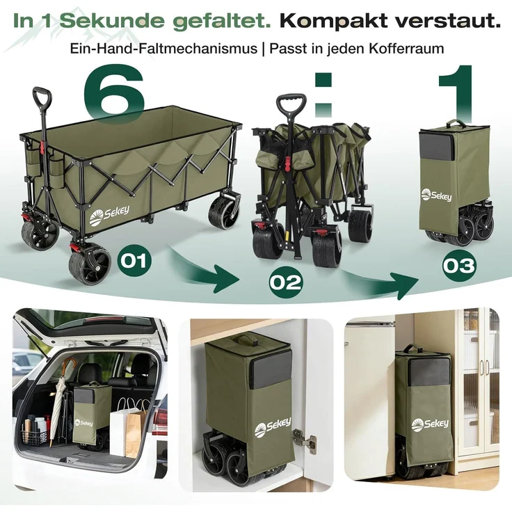 Sekey XXXL Verlängerter Bollerwagen Faltbar Handwagen mit Extra Breite 17x10 cm All-Terrain-Räder, 300L 200KG Belastbar, Grün – Bild 5