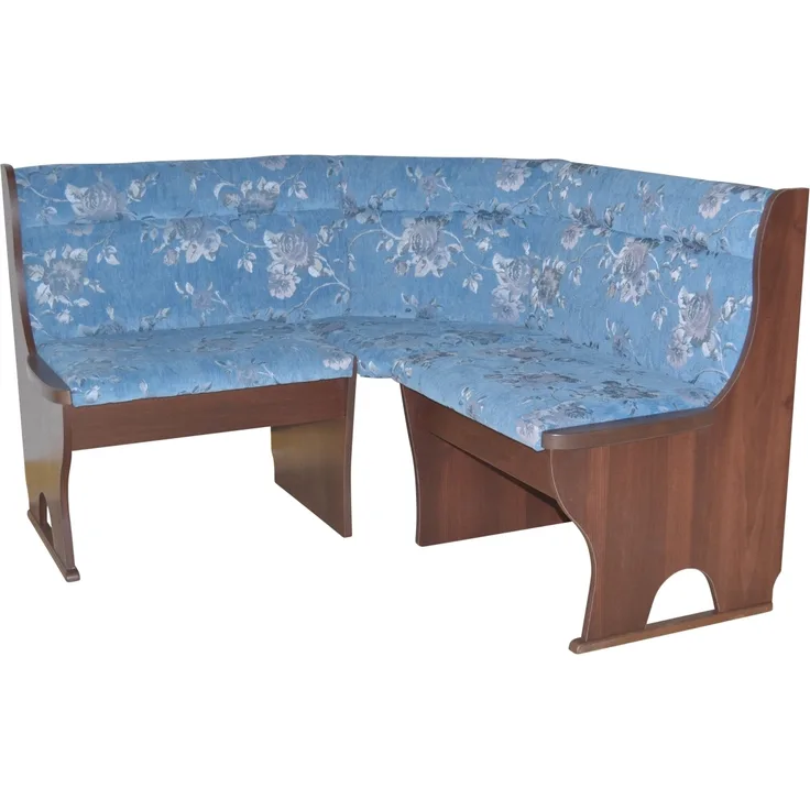 Truheneckbank "Anja 1NB" 125x125 cm, Holzdekor Nussbaum, Stoff blau mit Blumendessin