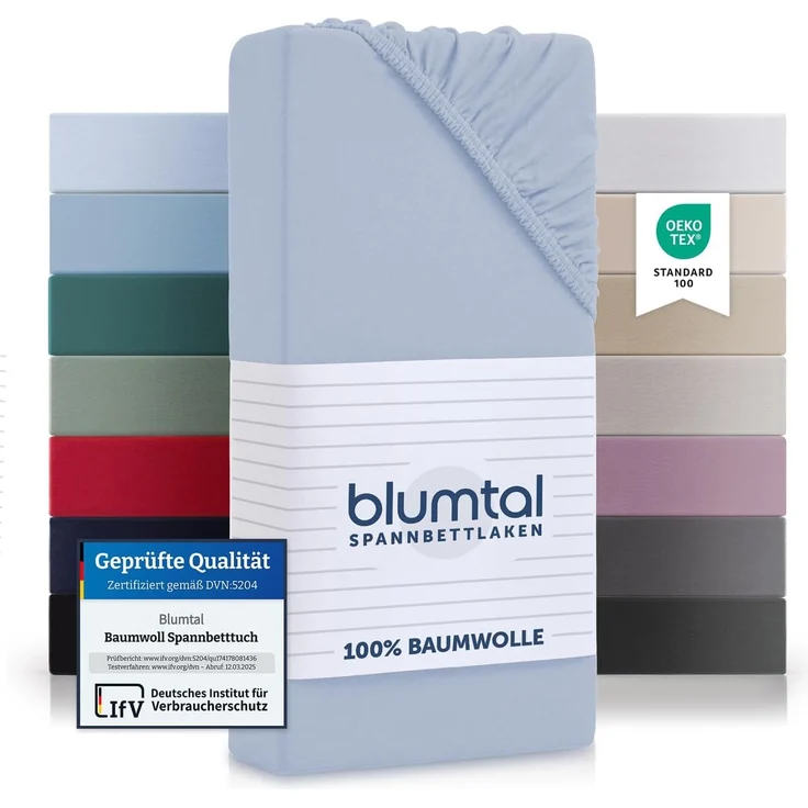 Blumtal® Basics Spannbettlaken 80x200 cm Jersey - Bettlaken 80x200 cm aus 100% Baumwolle - Oeko-TEX zertifiziertes Spannbetttuch 80x200 cm - Matratzenbezug 80x200 cm - Leintuch - Bettbezug - Hellblau – Bild 1