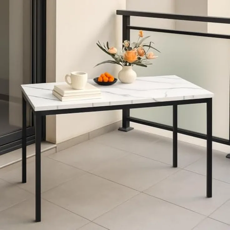 FurnitureR Gartentische aus weißem Marmorimitat, für 4 bis 6 Personen, Dicke Holzplatte mit Metallstruktur, für Terrasse, Terrasse, Esszimmer, Garten, 120 x 70 x 75 cm