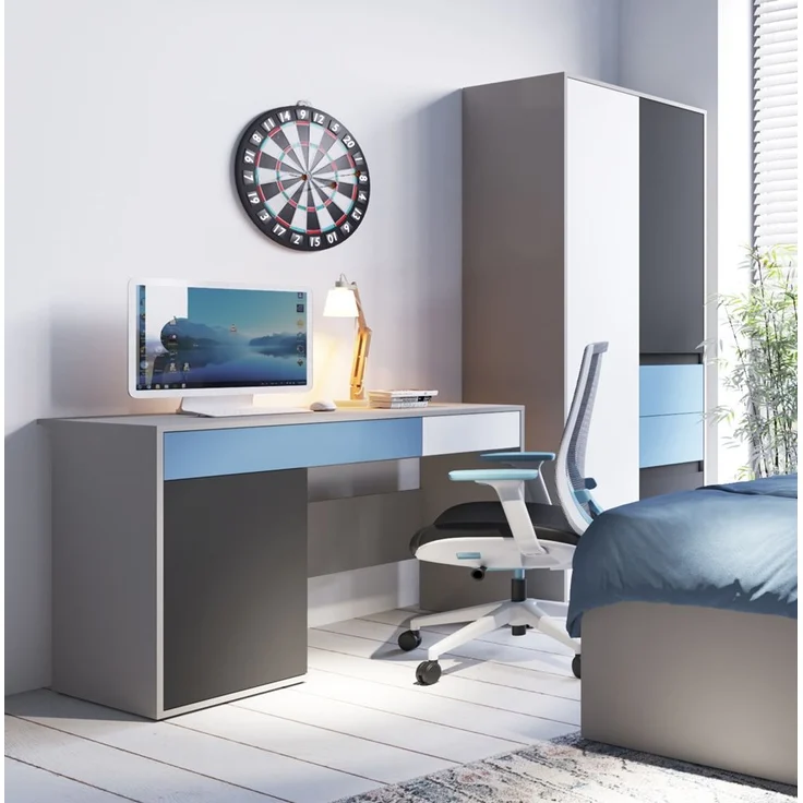 Jugendzimmer Schreibtisch mit Kleiderschrank LIIVA-129 in grau mit schwarz, weiß, blau, B/H/T: ca. 223,1/197/60,1 cm – Bild 1