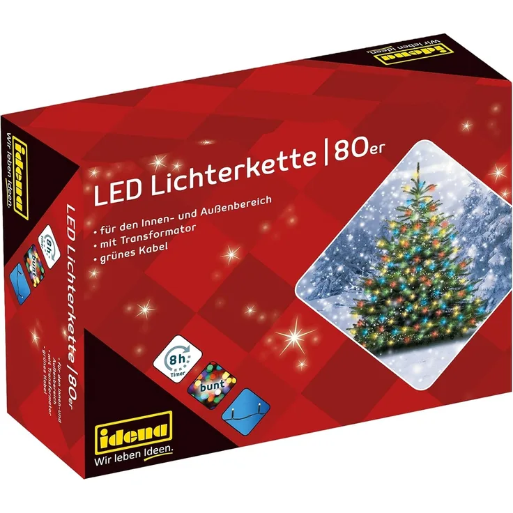 Idena LED-Lichterkette Idena 8325059 - LED Lichterkette mit 80 LEDs in Bunt, mit 8 Stunden