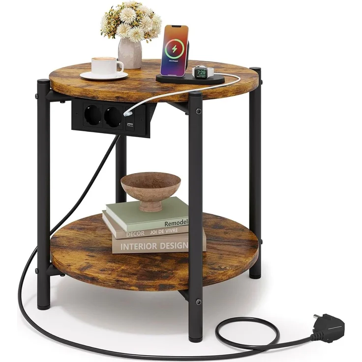 IRONCK Beistelltisch rund, Couchtisch mit Steckdose, Kleiner Tisch Holz, Wohnzimmertisch 2 Ablagen,Sofatisch,USB & Type-C-Anschluss, Metallrahmen, Nachttisch für Schlafzimmer (Vintagebraun, 1 Stück) – Bild 1