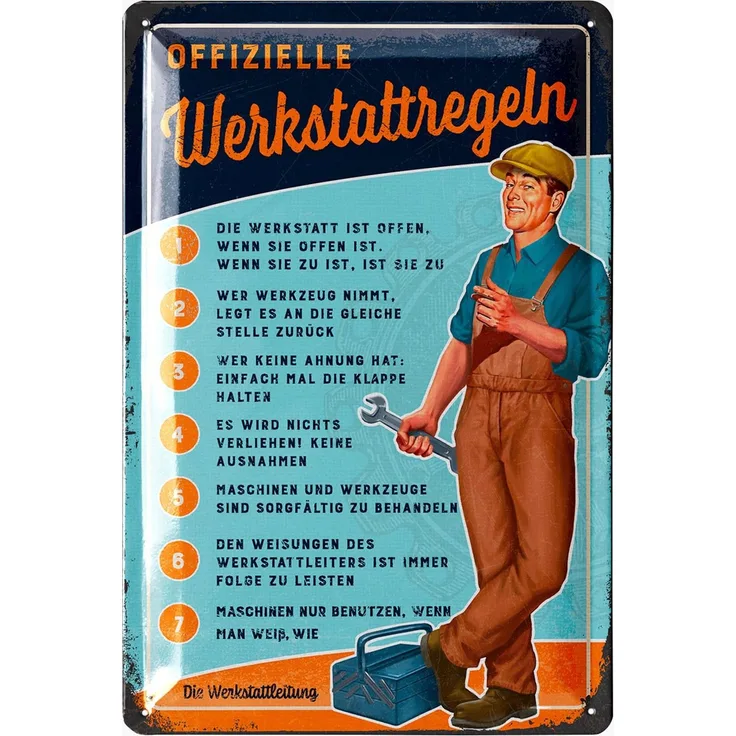 LANOLU Blechschild Lustige Werkstattregeln - 20x30cm – Metall – Mehrfarbig – 20216