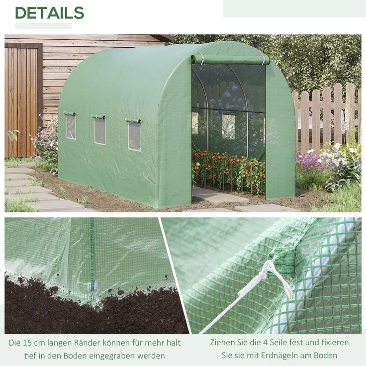 Wohnora-Foliengewächshaus Tomatengewächshaus Treibhaus Folientunnel Frühbeet mit Fenster Grün 350 x 200 x 200 cm,H 200cm x T 350cm x B 200cm – Bild 5