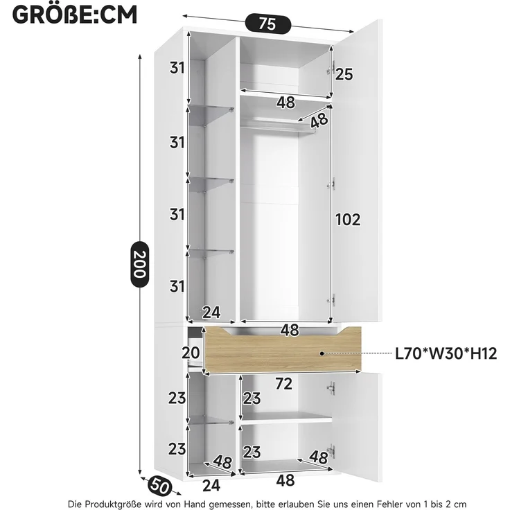 Kleiderschrank B 75 x T 50 x H 200 cm aus MDF mit LED-Glasvitrine – Bild 5