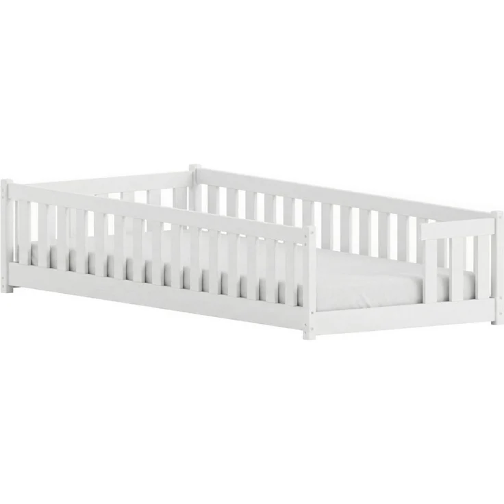 Kids Collective Kinderbett Bodenbett mit Rausfallschutz & Lattenrost Montessori Betten Kinder (Verfügbare Größen: 80 x 160, 80 x 180, 90 x 190, 90 x 200, 120 x 200, 140 x 200 cm), Jugendbett Einzelbett Kiefer mit Matratze Weiß 80x160 cm – Bild 2