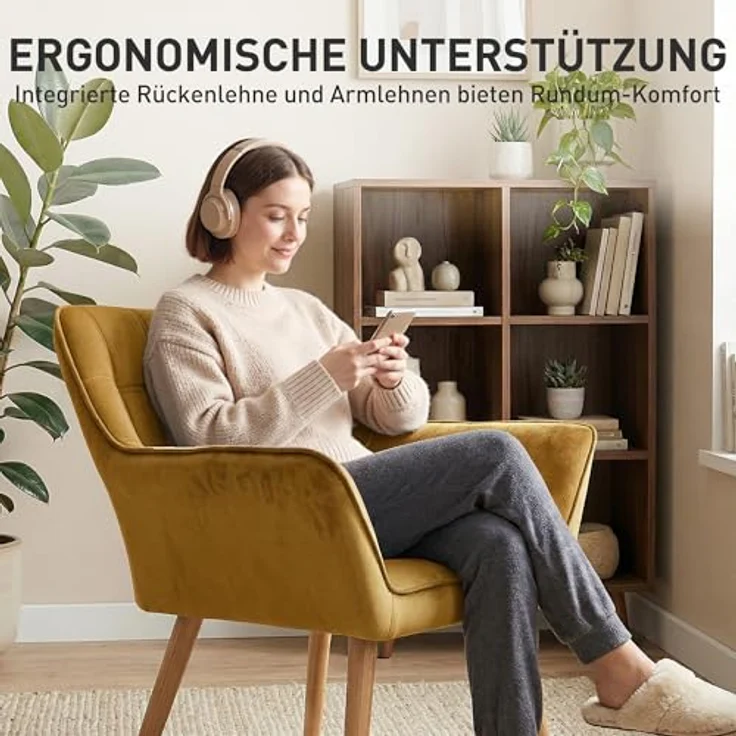 HOMCOM Relaxsessel Polstersessel mit Samtoptik, skandinavisch (Esszimmerstuhl, 1-St, Stuhl), für Wohnzimmer, Schlafzimmer, Gelb – Bild 6