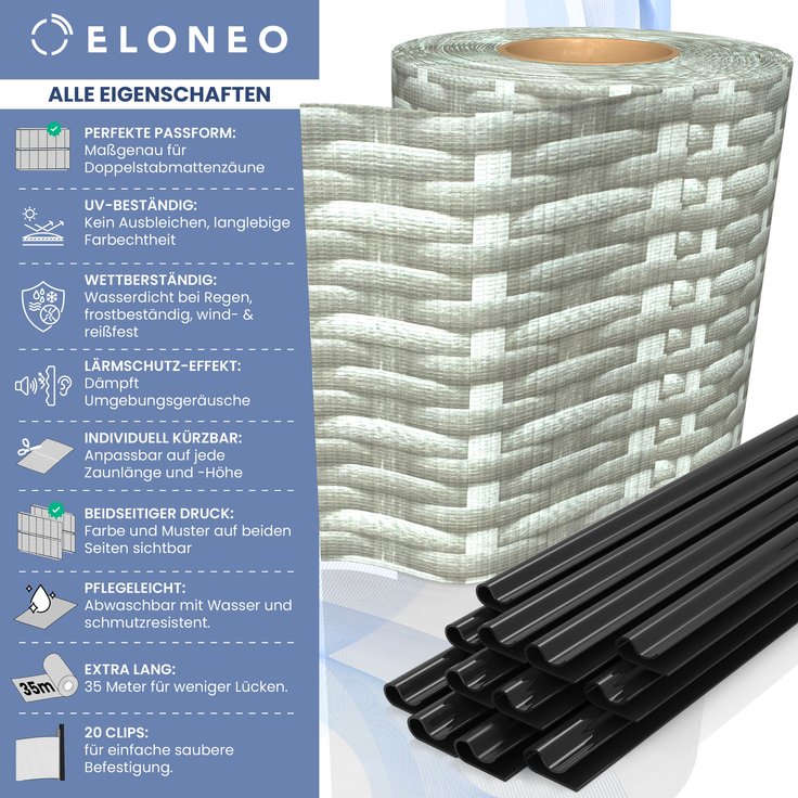 ELONEO PVC Sichtschutzstreifen für Doppelstabmattenzaun, 35m x 19cm je Rolle, 3er-Set Rattan hell – Bild 2