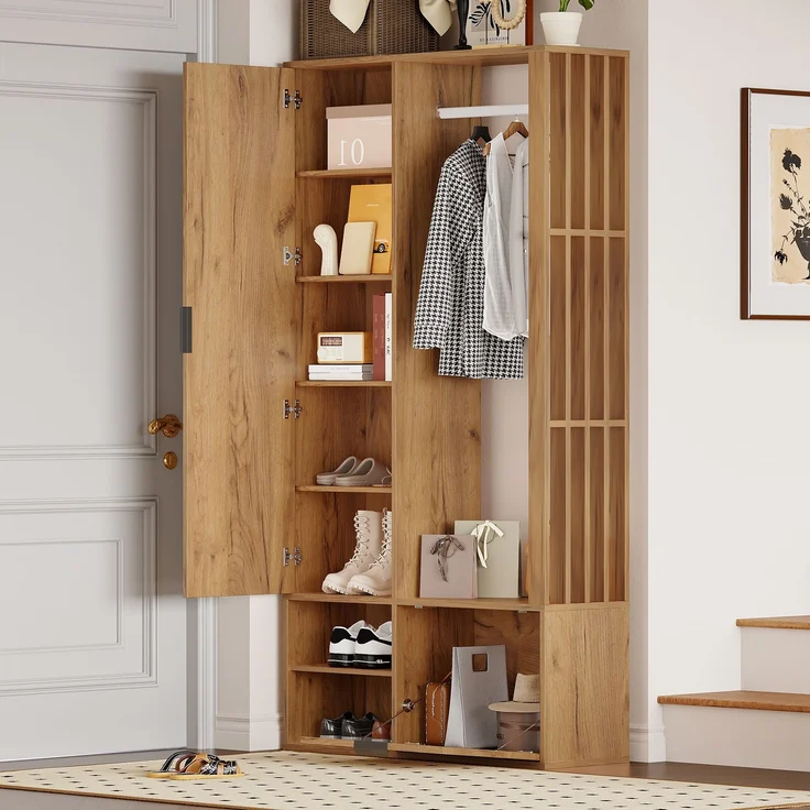 100*33*190cm garderobenschränke mit flur,6-in-1-Eingangsschrank, zum Aufhängen von Mänteln,Flurschrank mit Wäscheständer ,Garderobenschrank und Spiegel, Breite 100 cm,Schrank mit unterer Tür,Holzfarbe--Natürlich--100x33x190cm--YOUDENOVA – Bild 7