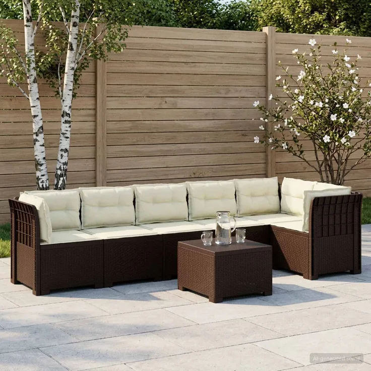 vidaXL 6-Sitzer Garten Sofa mit Kissen Rattan Look PP Braun 3444126