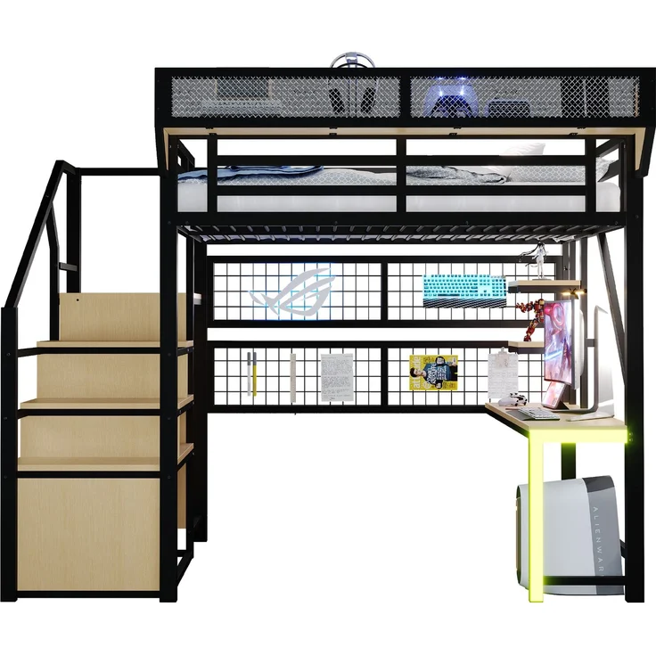 Merax Hochbett 140 × 200 cm, Kinderbett Jugendbett, Mit Schreibtisch, Regal und Aufbewahrungsnetz, Komplett Mit Sicherheitsleiter, LED-Beleuchtung und Steckdose, Erhöhtem Geländer, Schwarz – Bild 10