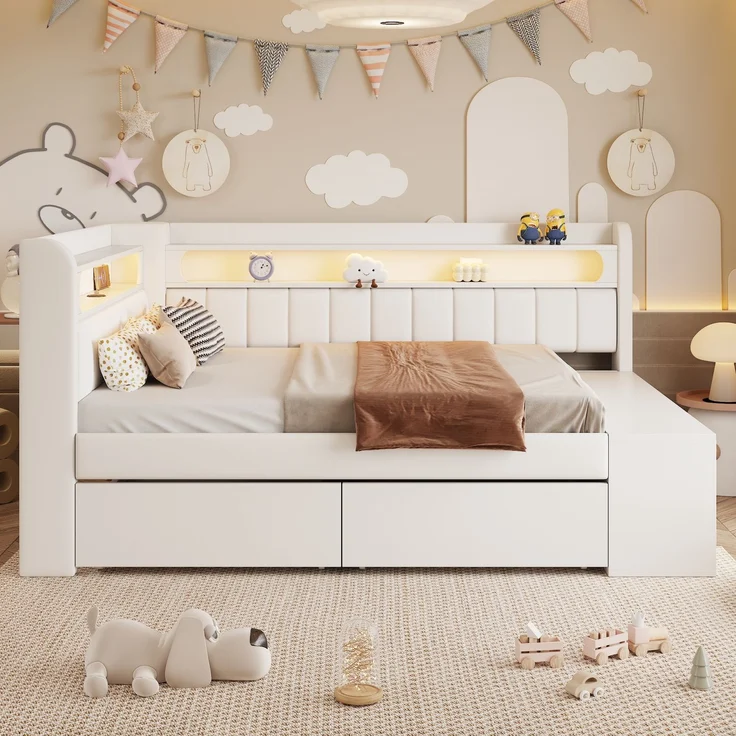 Merax Kinderbett, Einzelbett, Schlafsofa 90x200cm mit USB-Anschluss und LED-Lichtleiste, inklusive Schuhschrank und zwei Schubladen, weiß – Bild 5