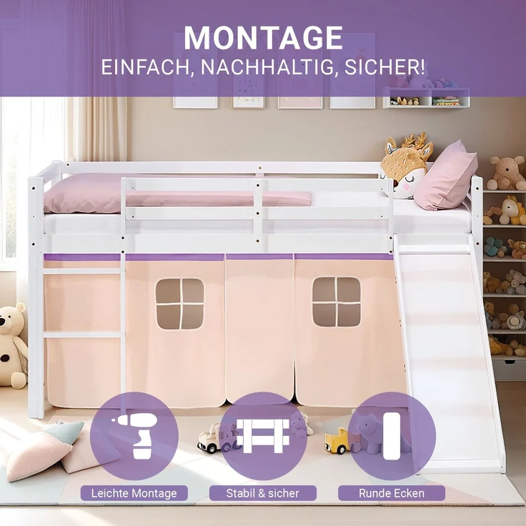 Hochbett Kinder 90x200 cm mit Rutsche Kinderbett Kinderhochbett Stockbett Vorhang Lila Peach Leiter Holz Massiv – Bild 6