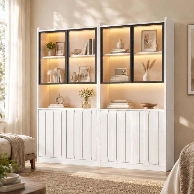 Vitrinen-Set 160x35x200 cm, 2 Hochschränke mit Glas, LED und Stauraum – Bild 4