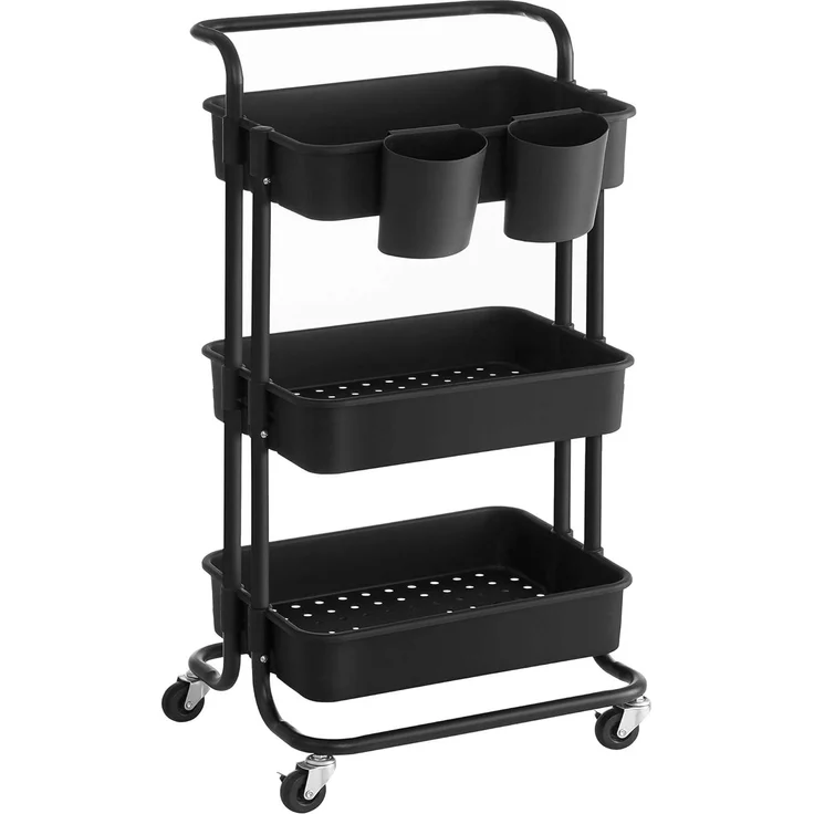 SONGMICS Rollwagen, 3 Ebenen, Servierwagen, Küchenwagen mit Griff, 2 kleine Einhängefächer, 2 Bremsen, Ablagefächer aus Kunststoff, einfacher Aufbau, Schlafzimmer, Waschküche, schwarz BSC067B01 – Bild 1