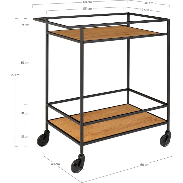 House Nordic Barwagen mit 2 Einlegeböden, Eichenoptik, Gestell schwarz, 68x40x79 cm – Bild 5