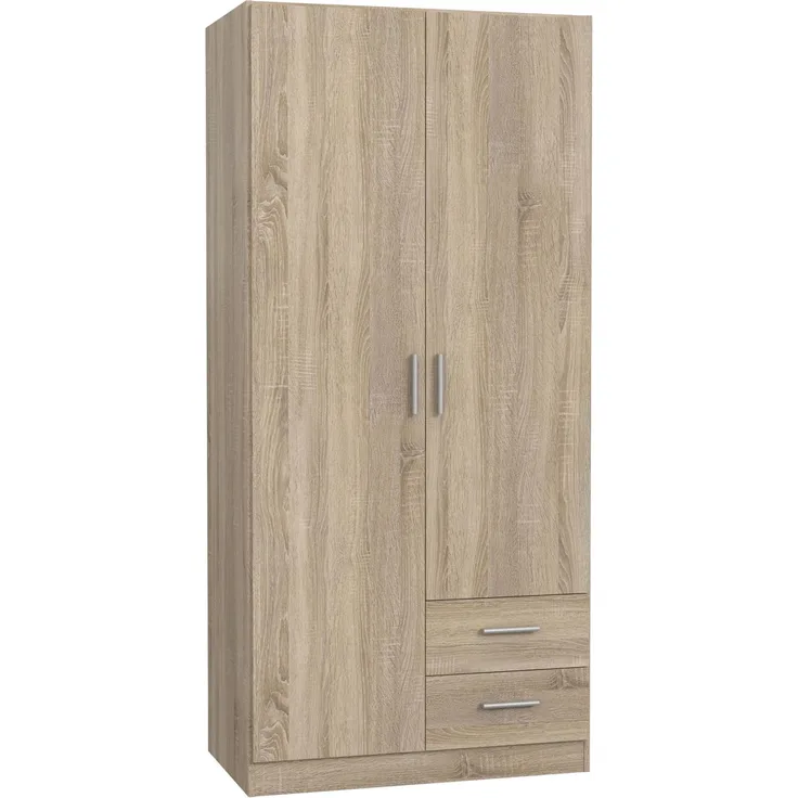 FORTE JOAKIM Schrank 90 200, Kleiderschrank klein, modernes Design Drehtürenschrank mit 2 Schubladen, Einlegeböden und Kleiderstange, Sonoma Eiche, 91 cm breit x 197 cm hoch x 54 cm tief
