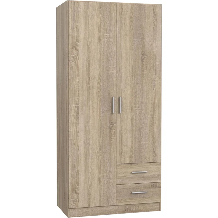 FORTE JOAKIM Schrank 90 200, Kleiderschrank klein, modernes Design Drehtürenschrank mit 2 Schubladen, Einlegeböden und Kleiderstange, Sonoma Eiche, 91 cm breit x 197 cm hoch x 54 cm tief