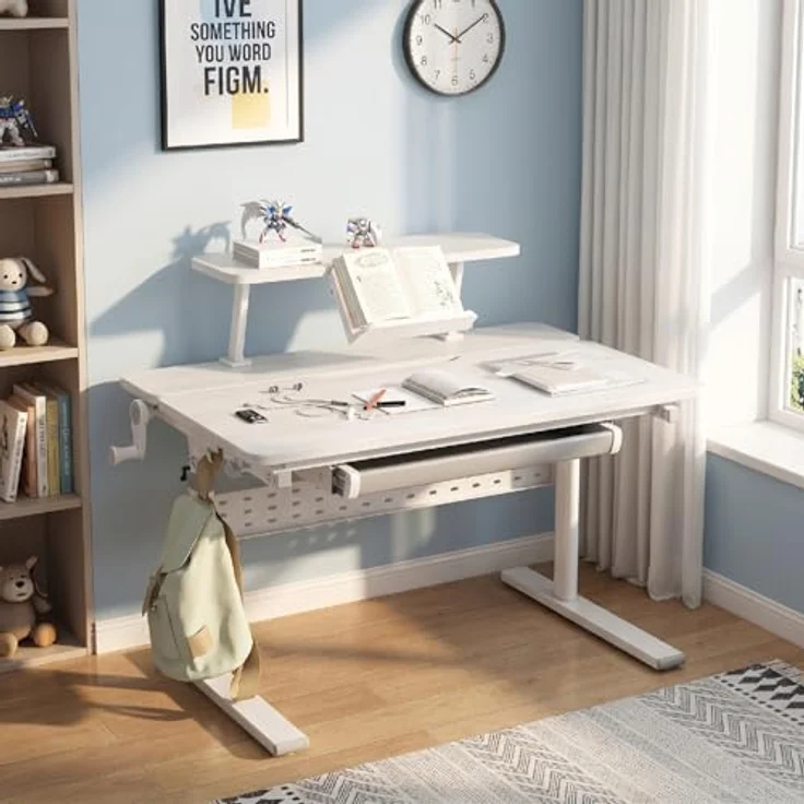 Ergo Office Kinderschreibtisch ER-483, ergonomisch mit Höhenverstellung 54-76 cm und Neigungsverstellung bis 40°, inkl. Ablage und Schublade – Bild 9