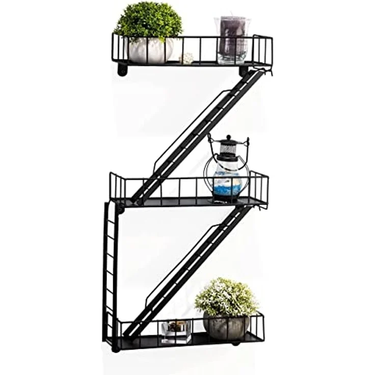 Coradoma Deko-Wandregal Fire Escape Hängeregal mit Leiter für Deko Schweberegal, Schwarz Metall – Bild 4