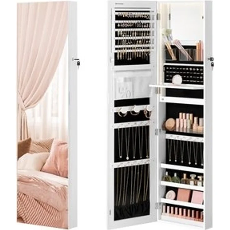 SONGMICS Schmuckschrank 140 cm hoch, Schmuckorganizer mit beleuchtetem Innenspiegel, Spiegelschrank wand- oder türmontiert, abschließbar, Geschenkidee, wolkenweiß JJCDE032W01 – Bild 6