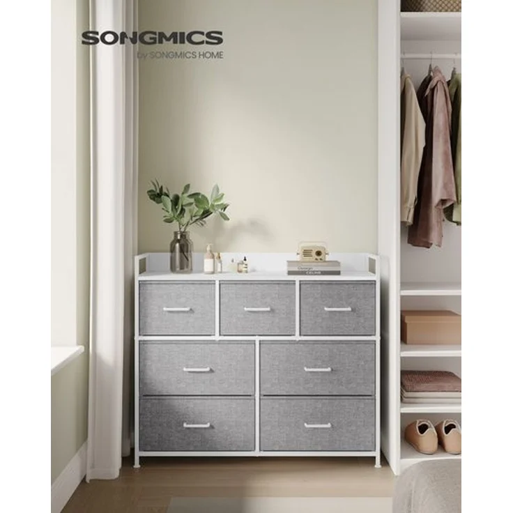 Songmics Kommode mit 7 Stoffschubladen, Holz / Metall taubengrau-wolkenweiß, 98 x 28,5 x 85 (BxTxH) cm – Bild 2