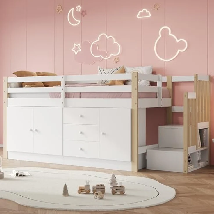 Odikalo Kinderbett Hochbett Einzelbett Schubladen Stauschränken Wäschestange Weiß 90x200 – Bild 4