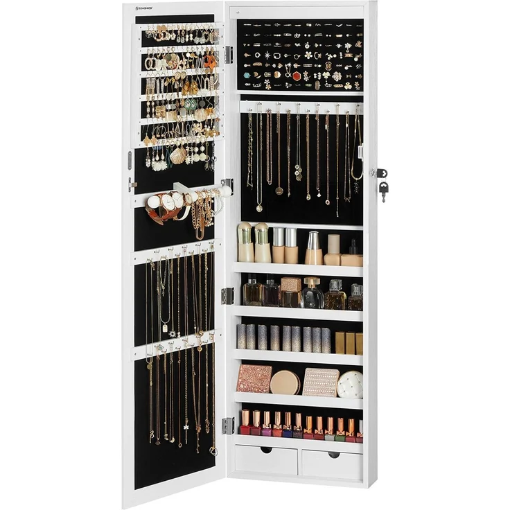 Schmuckschrank mit LED Beleuchtung und abschließbar, MDF weiß, JBC93W, 37 x 10 x 120 cm – Bild 4